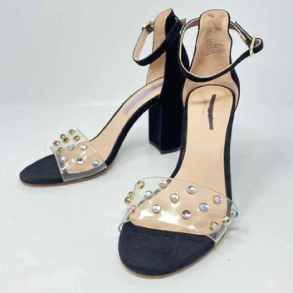 Kate Spade Size 7.5M Marci Heels Black‎ Crystal Accents Ankle Strap Block Heel
